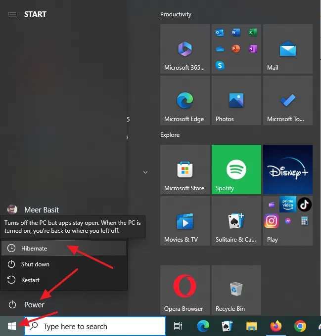 Click on the Start icon, located at the bottom left corner of your desktop. Click on the Power icon. Now you can see that Hibernate option is available.