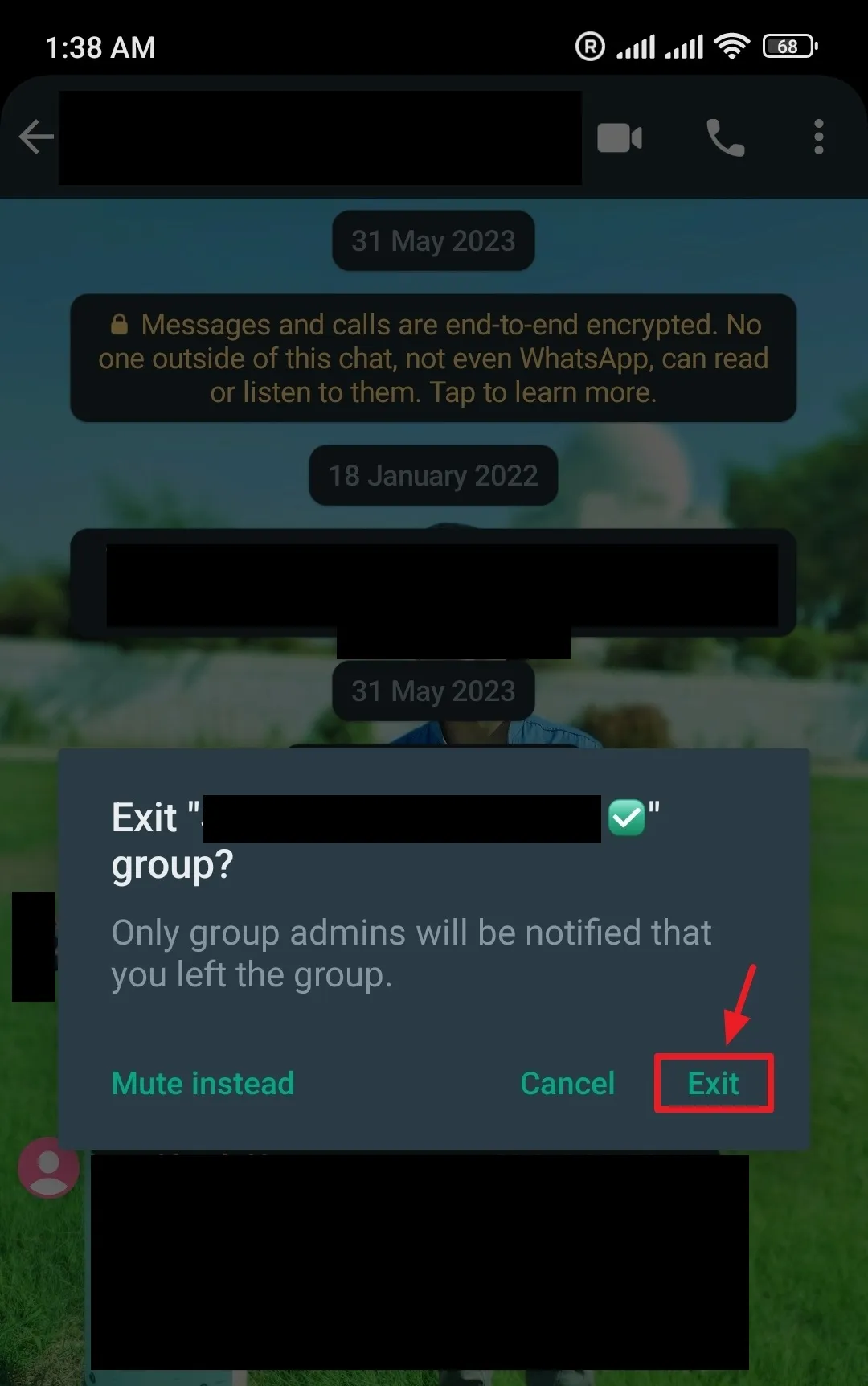 Tap on the Exit to leave the group. It also provides you the option of Muting the Group instead of Exiting.