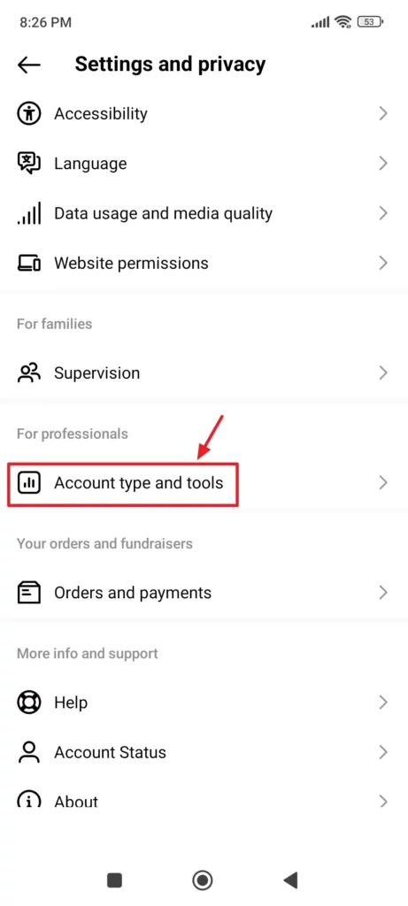 Scroll-down to For professionals section. Tap on the Account type and tools.