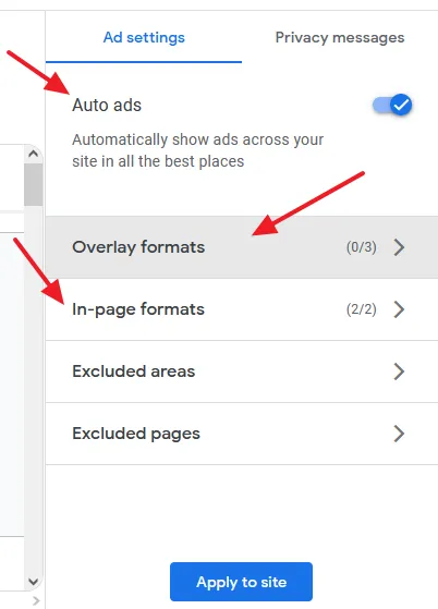 Select the ad formats individually that you want to enable. Click on the Apply to site after you're done..