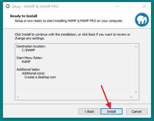 Setup is ready to install MAMP on your computer. Click on Install button.