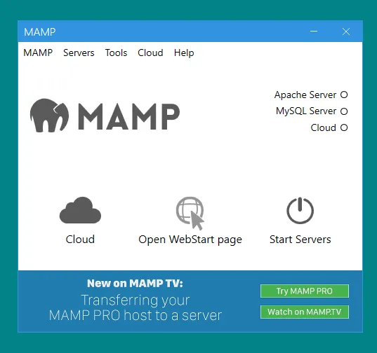 The MAMP Control Panel. The signals of Apache Server and MySQL Server are white, means they are not started yet.
