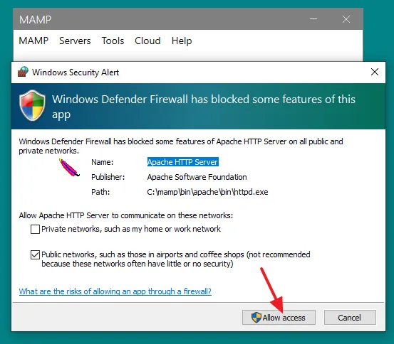 Click on the Allow access button to give access to Apache Server Module.