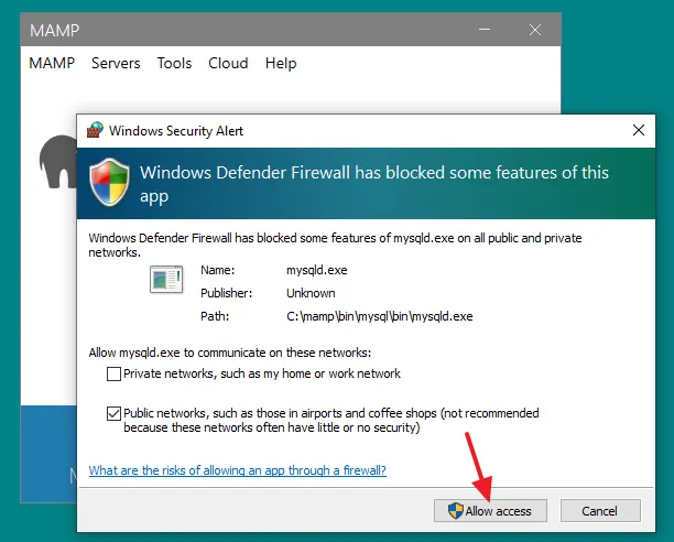 Click on the Allow access button to give access to MySQL Server.
