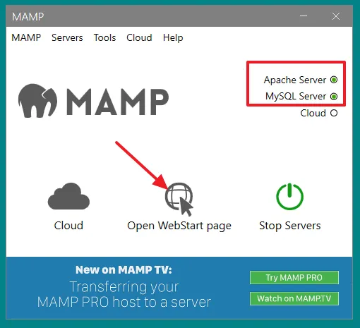 The signals of Apache Server and MySQL Server are green, means they are running. 