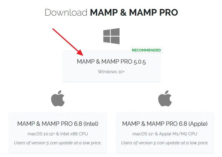 Click on the MAMP & MAMP PRO Windows 10+. The current version of MAMP is 5.0.5.