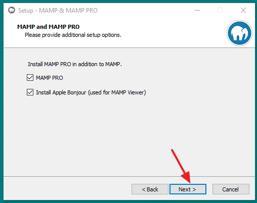 Here the Installer is asking you whether you want to install MAMP PRO and Apple Bonjour, in addition to MAMP free version. Click on the Next button.