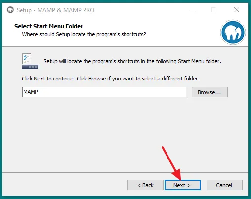 It is asking you, where should setup locate the program's shortcuts. Enter MAMP. Click on the Next button.
