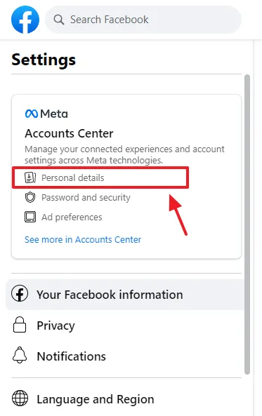 Click on the Personal details, located under the Meta Accounts Center.
