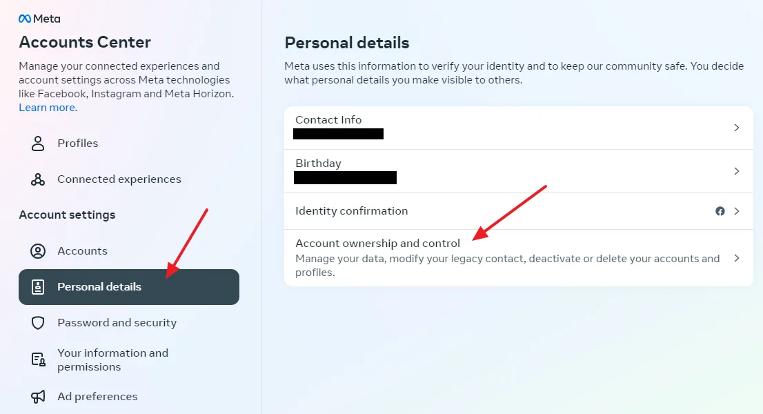 Click on the Personal details under the Account settings. Click on the Account ownership and control.