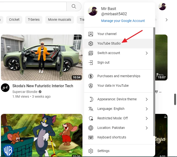 Open YouTube. Click on the Account icon located at top-right corner. Click on the YouTube Studio.
