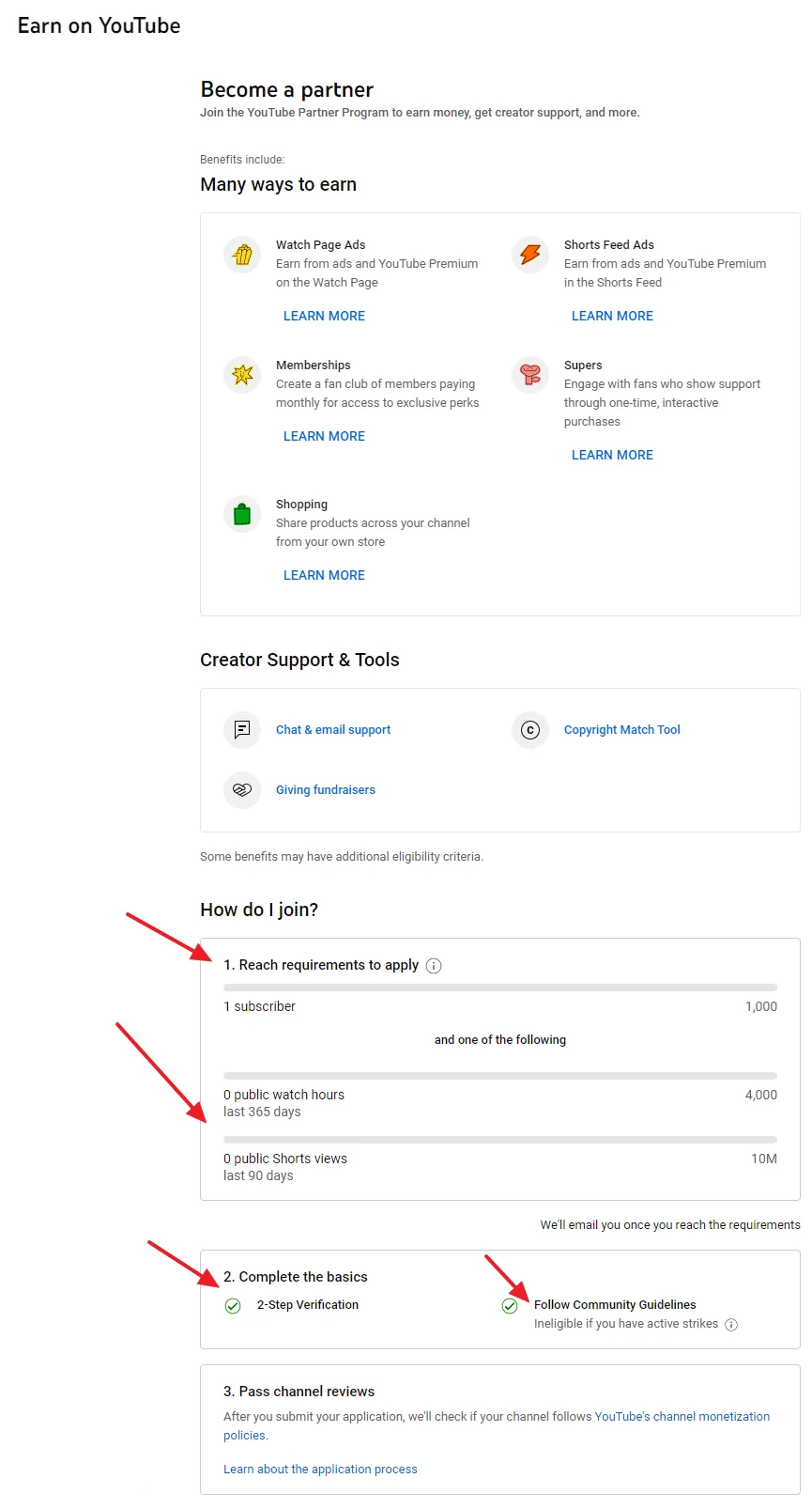 You can (1) Check the Watch Hours of your YouTube videos/shorts, and Subscribers (2) Check whether your YouTube channel has completed the eligibility criteria or not (3) Apply for YouTuber Partner Program