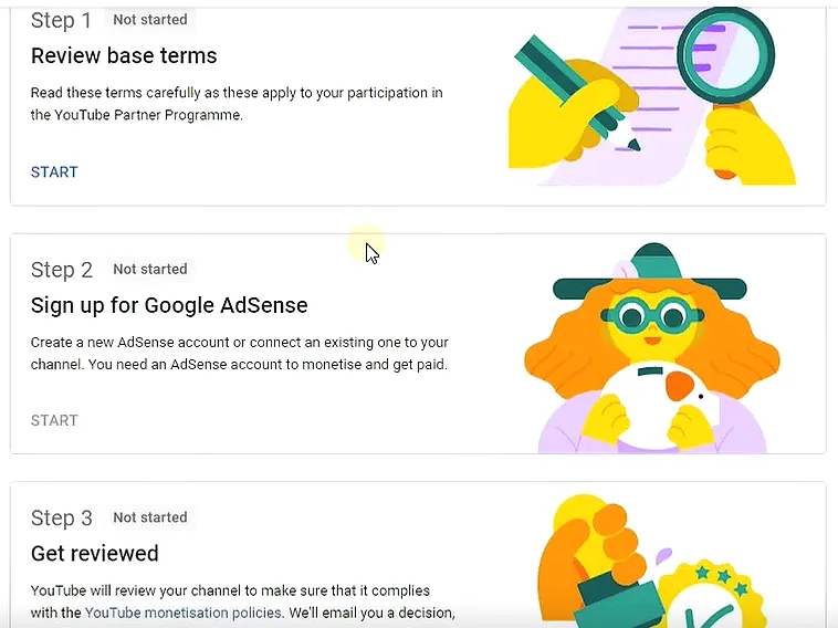 On Channel Monetization page there are three steps (1) Review base terms (2) Sign up for Google AdSense (3) Get Reviewed.