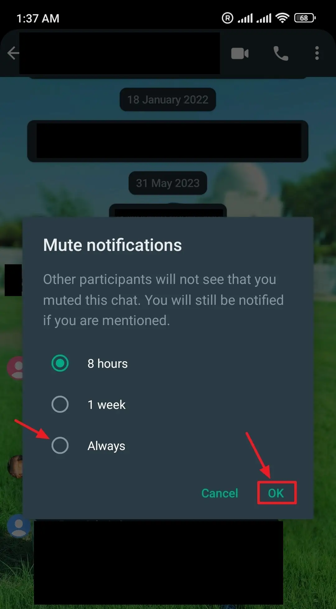 Choose the length of time you would like to mute notifications. There are three options (1) 8 hours (2) 1 Week (3) Always. Tap on OK.