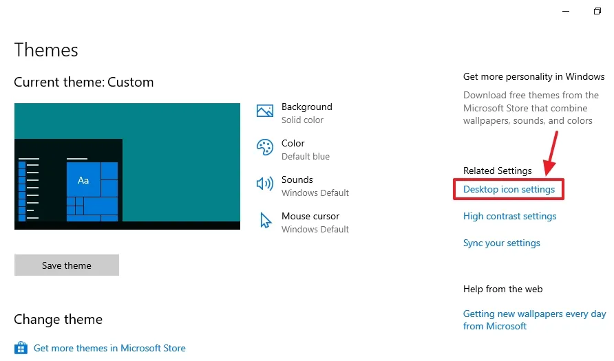 Click on the Desktop icon settings located under the Related Settings. Click on the Desktop icon settings located under the Related Settings.