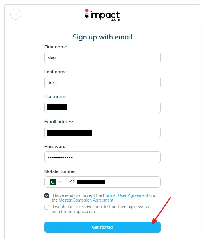Enter your first name, last name, username, email address, and password. Click on the Get Started button.