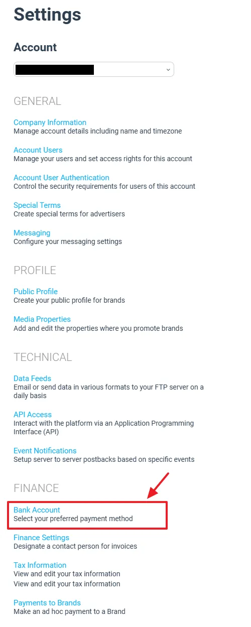 Scroll-down to Finance section and click on the Bank Account.