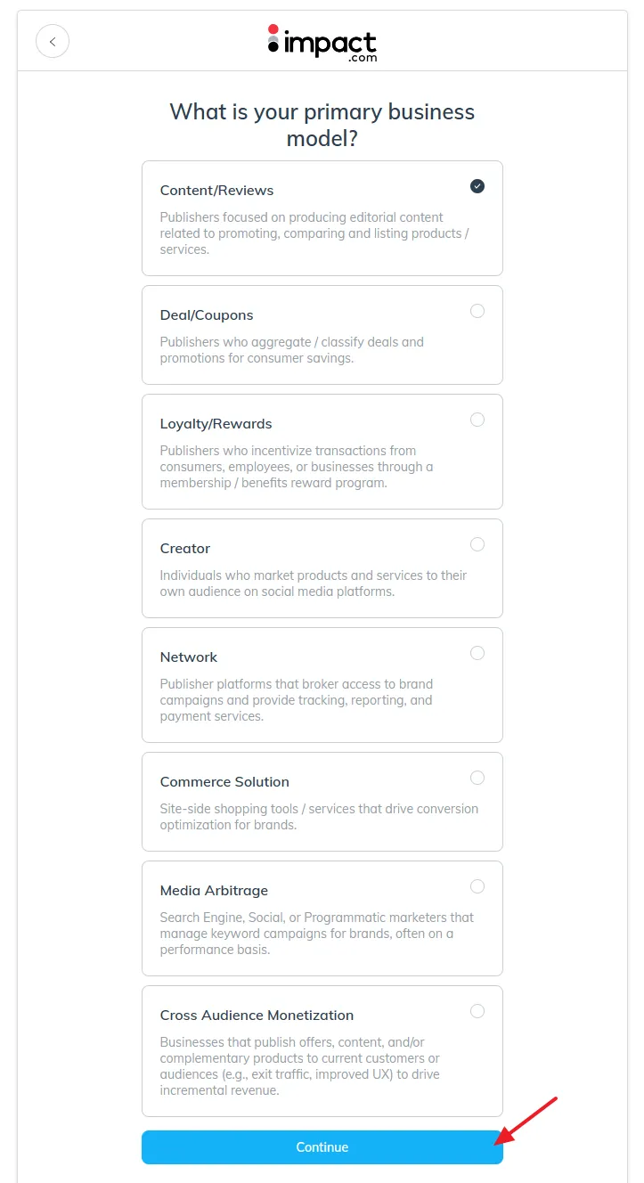 Choose your Primary Business Model. Click on the Continue button.