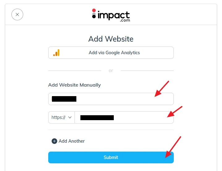 Enter the Name of your website. Choose the security protocol https:// or https://www and enter the name of your domain. Click on the Submit button.