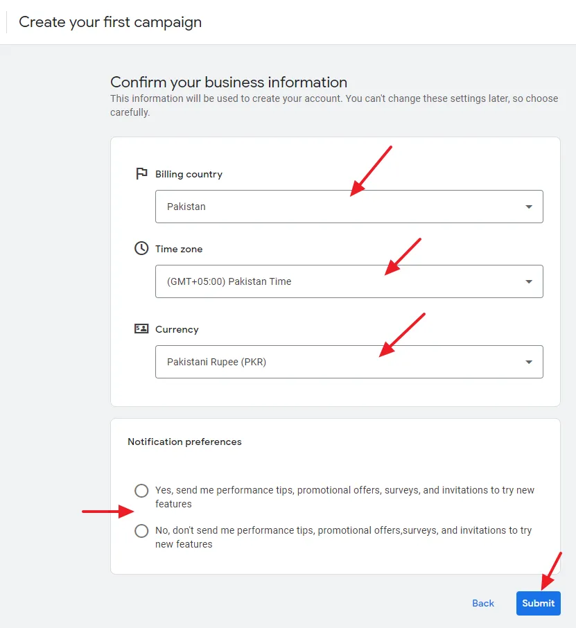 Select your Billing country. Select the Timezone. Select your Currency. Choose the Notification preferences. Click on the Submit button.