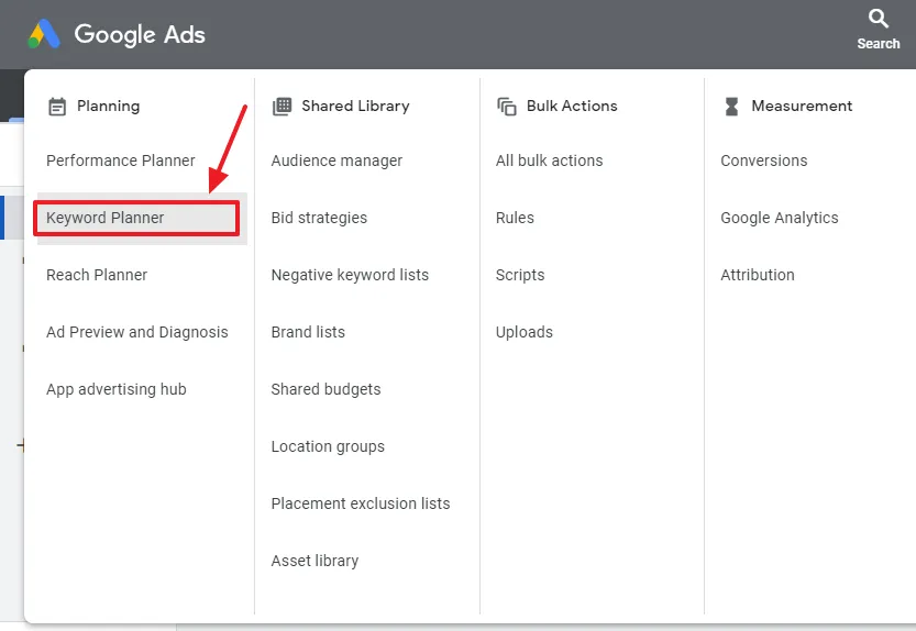 Click on the Keyword Planner located under the Planning column.