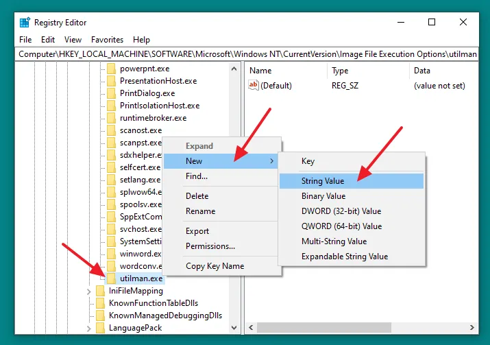 Right-click on the utilman.exe. Hover over New and click on the String Value.