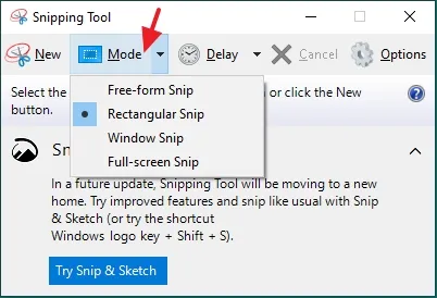 Select the Mode. There are 4 Modes i.e. Free-form Snip, Rectangular Snip, Window Snip, and Full-screen Snip.