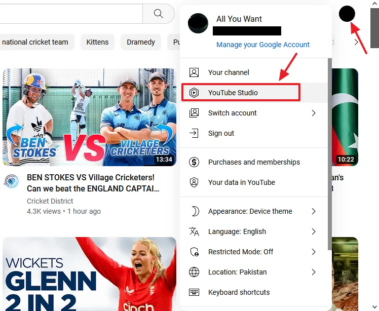 Open YouTube Studio Click on the Account icon located at your top-right corner. Click on the YouTube Studio.