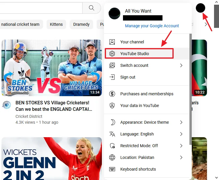 Click on the Account icon located at your top-right corner. Click on the YouTube Studio.
