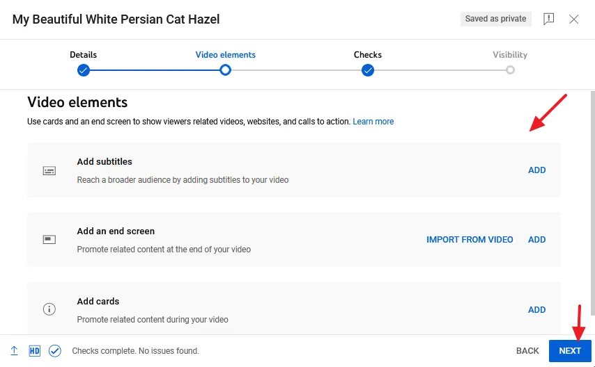 Video elements Subtitles, End Screen, and Cards. Click on the Next button.