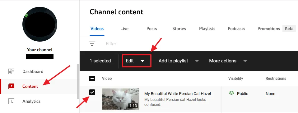 Click on the Content from Sidebar. Select the video that you want to edit. Click on the Edit dropdown list.
