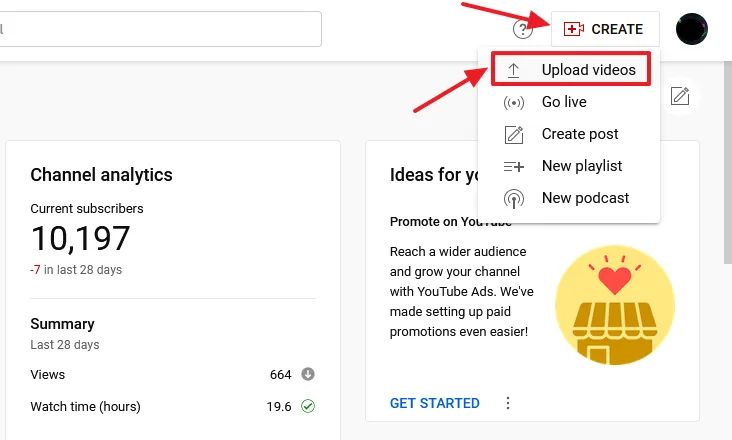 Click on the CREATE located next to the Account icon at top-right corner. Click on the Upload videos.