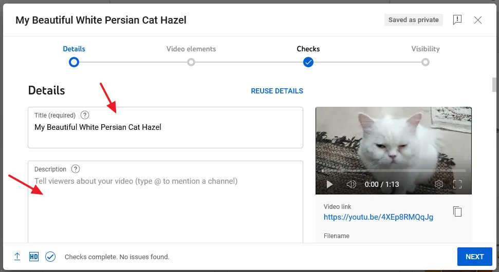Enter the Title and Description of YouTube video.