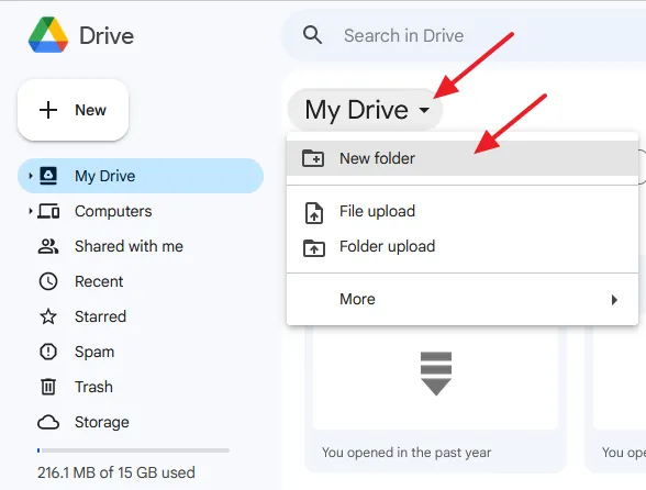 Go to My Drive. Click on the New folder.