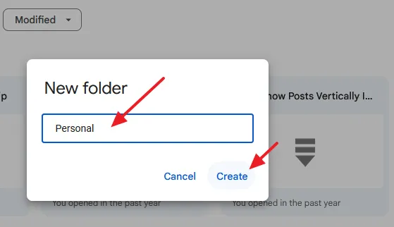 Enter the name for your New folder. Click on the Create button.