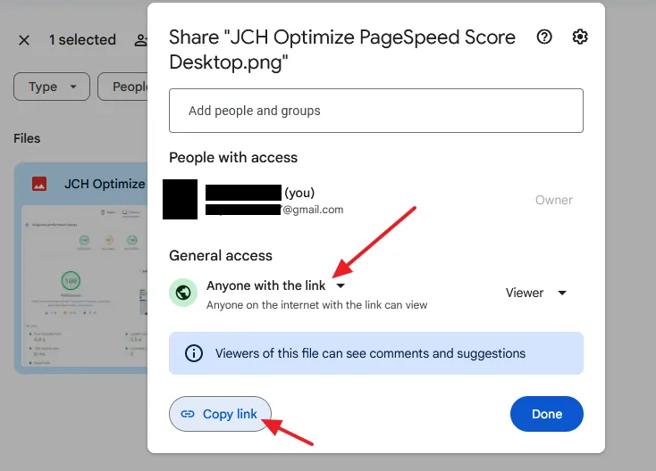 The option Anyone with the link allows anyone with your file link can view/download. There are three types of users i.e. Editors, Viewers, and Commenters. Click on the Copy link to copy the link of your file that you want to share.