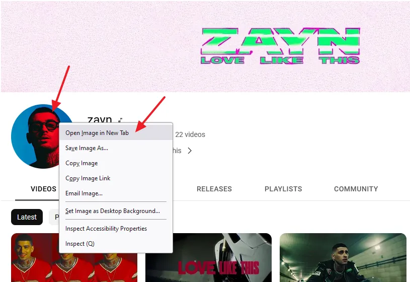 Right-click on the YouTube profile thumbnail/avatar/picture. Click on the Open image in New Tab.