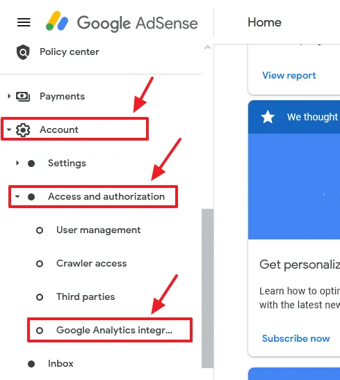 Scroll-down to Account tab and click on it. Click on the Access and authorization. Click on the Google Analytics integration.