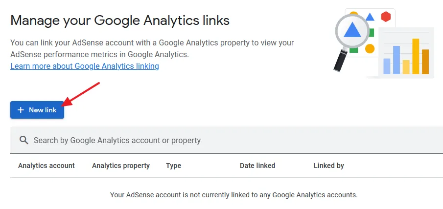 Click on the + New link button to add your Google Analytics 4 property on AdSense account.