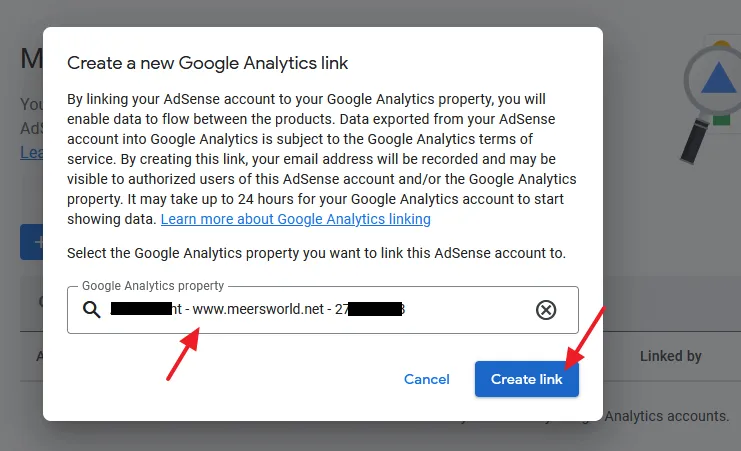 On Google Analytics property field select your Google Analytics 4 property that you want to link to AdSense account