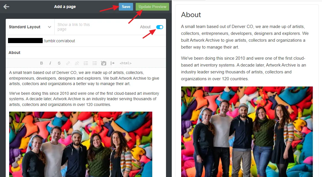 Turn on the "Show a link to this page" slider, Turn on the "Show a link to this page" slider, so that the page link will be shown on your blogs menu. Click on the Save button to save the page.