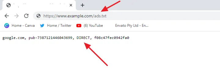 Browse the Ads.txt like this: your_domain/ads.txt, for example, example.com/ads.txt. 