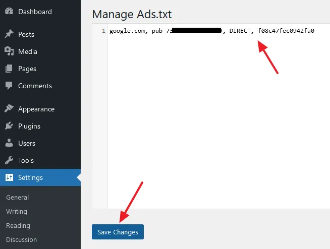 Paste the Ads.txt code that you had copied on your Google AdSense account in the textarea. Click on the Save Changes button.