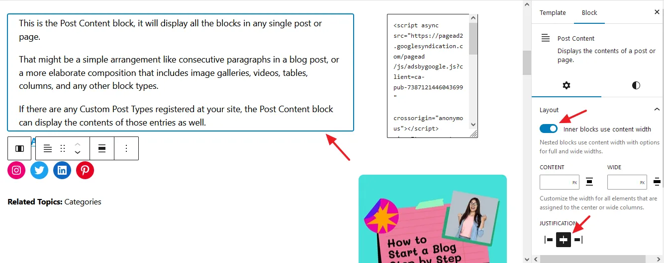 Enable the Inner blocks use content width option, located under the Layout.  Select the Justification Middle.