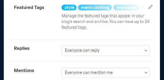 Featured Tags, Replies, and Mentions settings in Tumblr