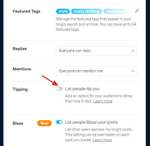 Scroll-down to Tipping section and enable the option Let people tip you.