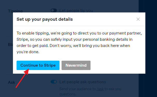 A popup Set up your payout details will appear. Click on the Continue to Stripe button.