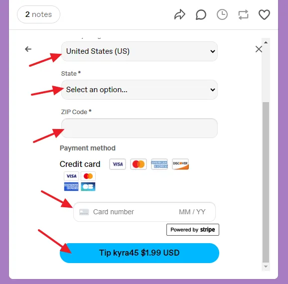 Choose your Country, State (Province), ZIP Code, and Payment Method. Click on the Tip button.