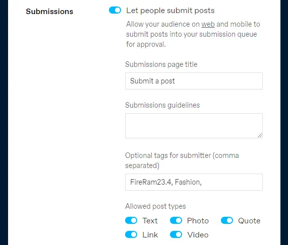 Turn-on the slider Let people submit posts to enable Submissions.