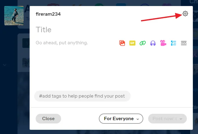 On your Tumblr Post Editor click on the Settings icon.  